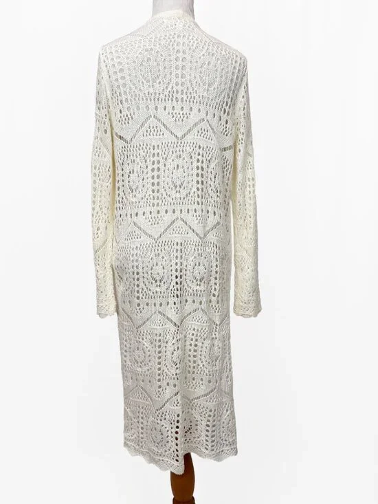 Women's Size M Open Front Crochet Openword Knit Long Cardigan Sweater - Picture 4 of 8